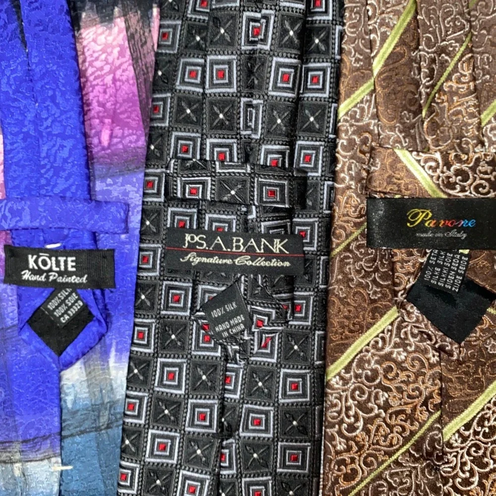Mens Silk Tie Lot 3 Jos A Bank Kolte Hand Painted Pavone Italy Geometric Paisley